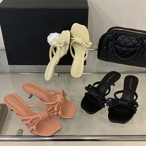 Bow Knot <b>Kitten</b> <b>Heel</b> <b>Mules</b> for Women Elegant Square Toe On Heeled Sandals Comfortable Summer Dress Shoes Slippers - Product Image 1