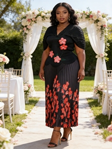 Nouvel ensemble plissé 2 pièces tendance : haut floral ample Miyaki et jupe droite décontractée pour <span class=keywords><strong>femme</strong></span> (<span class=keywords><strong>taille</strong></span> plus) - Product Image 3