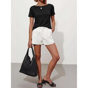 T-shirt à col bateau pour femme FOXA, manches courtes, 100% coton, jersey respirant, haut décontracté pour l'été et le printemps - Product Image 5