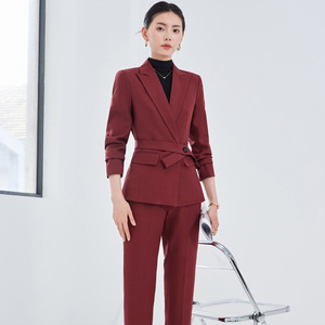 Women's Burgundy Suit Set Slim Fit Professional Formal Wear Anti-Wrinkle Solid Color Polyester Worsted Fabric - Product Image 1