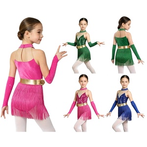 Traje de Baile Latino para Niñas, Falda con Lentejuelas y Flecos, Guantes, Collar Choker, Mangas para Brazos, Cinturón Dorado, para Competencia de Salsa y Baile de Salón, Personalizado - Product Image 1