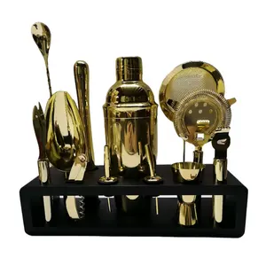 Christmas Box whiskey bar set Quality Golden Plated Stainless Steel Bartender Kit Cocktail Shaker Bar set with stand