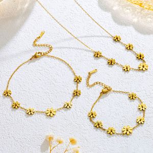 18K PVD Gold Stainless Steel Summer Floral Daisy Necklace <b>Bracelet</b> Set | Waterproof Hypoallergenic <b>Matching</b> Flower Jewelry - Product Image 1