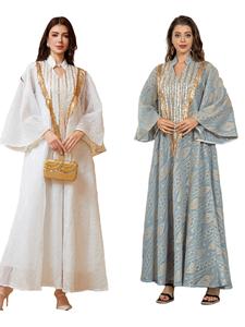 Vestido de noche largo para mujer, tipo túnica de malla, decorado con bordados y lentejuelas - Product Image 1