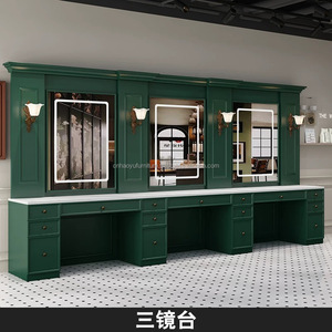 HaoYu, soporte de salón de belleza antiguo, espejo de gabinete, estación de barbero de madera negra con cuenco de champú, espejo de peluquería de doble cara - Product Image 5