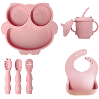 Ensemble d'alimentation pour bébé en silicone écologique motif hibou, 9 pièces, sans BPA, qualité alimentaire, cuillères de sevrage, bol à ventouse, assiette compartimentée