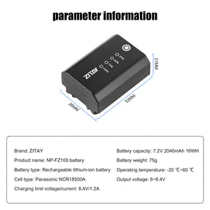 ZITAY NP-FZ100 แบตเตอรี่ลิเธียมไอออนแบบชาร์จไฟได้จอแสดงผลสัมผัสแบตเตอรี่ที่เหลือสําหรับ Sony Alpha a9 II, a9, a7R IV, a7R III, FX3