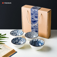 Ensemble de bols en céramique bleu et blanc de style japonais sculptés en gros pour mariage, mélange de nouilles et de riz, porcelaine, bols de 4,5 pouces