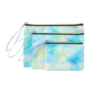 Prêt à expédier pochette enveloppe holographique en PU de taille moyenne sac de maquillage hologramme à fermeture éclair en métal faux cuir