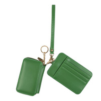 Porte-cartes et porte-monnaie portable tendance, double compartiment détachable, multi-fentes, en cuir PU, avec dragonne, mini portefeuille zippé pour femme