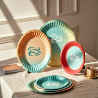 Assiettes en papier jetables à pois rouges avec estampage à chaud, design floral bleu, personnalisables, dorées, pour emballage à emporter, vente en gros