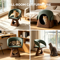 Lit pour chat rectangulaire en bois de luxe, maison pour animaux de compagnie à 2 étages, en bois massif, coussin en cuir PU, confortable, design moderne, meubles pour chat d'intérieur