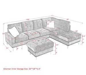 Chenille Sectional 3-Seaters <b>Sofa</b> Set with Chaise Storage Ottoman Metal Legs and Copper Nails Two White Pillows for Apartment - Product Image 2