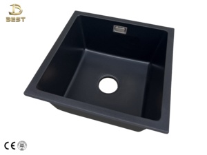 Fregadero de cocina de un solo cuenco de cuarzo negro hecho en Vietnam, cerámica con escurridor y desbordamiento sin grifo - Product Image 5