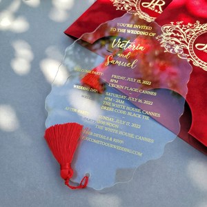 Cartes de mariage personnalisées élégantes rouge bordeaux doré Suite de luxe en velours Cartes d'invitation en acrylique transparent rouge - Product Image 3