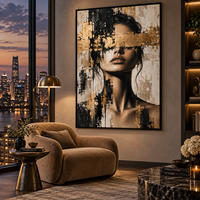 Peinture sur toile texturée Portrait Femme Masque d'Or, Art Mural Moderne Noir Beige pour Hôtel, Chambre, Bureau, Salon