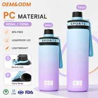 Bouteille d'eau sport PC dégradée en gros avec sangle de transport, légère, anti-fuite, pour la gym, le fitness, les activités de plein air et les voyages