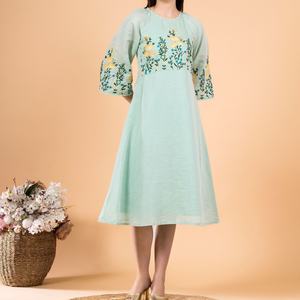 Vestido de Lino y Algodón Bordado Personalizado, Elegante, Cuello Redondo, Casual, Corte en A, Mangas Abullonadas, Midi, Vestido de Verano para Mujer - Product Image 4