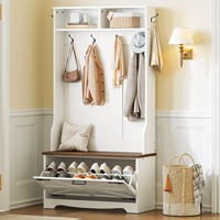 Ferme Blanc Hall Arbre Banc Porte-Manteau Tiroirs Flip avec Armoire à Chaussures pour Entrée et Rangement Mudroom