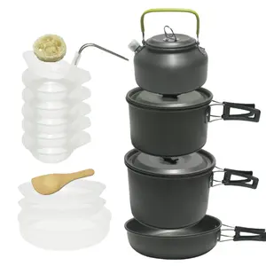 Ensemble de cuisine de Camping en alliage d'aluminium portable pour 3-5 personnes Pot de Camping Batterie de cuisine en plein air avec bouilloire