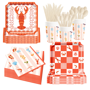 จานกระดาษลายกุ้งมังกรแดง DAMAI รูปทรงสี่เหลี่ยม แบ่งช่องเล็กๆ สำหรับอาหารทะเล พร้อมถ้วยและผ้าเช็ดปาก - Product Image 4