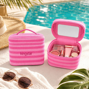 Estuche <span class=keywords><strong>de</strong></span> <span class=keywords><strong>Maquillaje</strong></span> <span class=keywords><strong>de</strong></span> Viaje Personalizado <span class=keywords><strong>con</strong></span> Logotipo, <span class=keywords><strong>de</strong></span> Algodón Rosa a Rayas, <span class=keywords><strong>con</strong></span> Espejo y Asa, Organizador <span class=keywords><strong>de</strong></span> <span class=keywords><strong>Maquillaje</strong></span> Portátil Grande, Venta al Por Mayor para Mujeres - Product Image 1