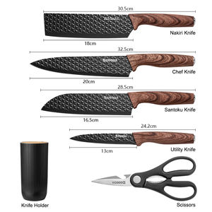 Ensemble de couteaux de cuisine professionnels 6 pièces avec lames noires texturées Poignées en grain de bois et bloc de couteaux <span class=keywords><strong>couteau</strong></span> de cuisine - Product Image 6