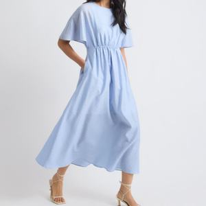 Robe longue bohème tissée, coupe décontractée évasée avec manches volantées, taille élastique, motif uni, toutes saisons - pour l'automne - Product Image 5