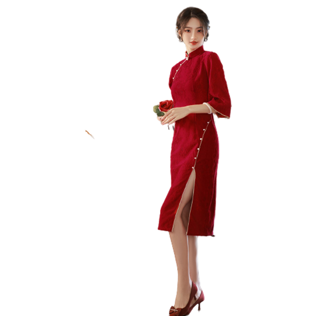 Fashion Qipao Bride Toast Dress Ladies Girls Banquet Wedding Red Colour Elegant Red Evening Dresses Cheongsam Women Factory