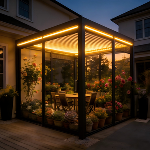 Pérgola de aluminio <span class=keywords><strong>para</strong></span> jardín o terraza, con puerta de cristal <span class=keywords><strong>3x3</strong></span> o 3x4, con persianas enrollables eléctricas a prueba de viento. - Product Image 1