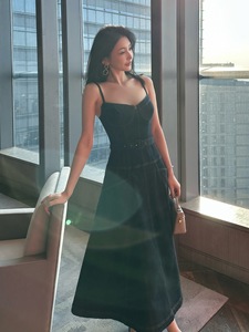 <span class=keywords><strong>Vestido</strong></span> Largo de Tirantes Finos, Estilo Vacacional, Cintura Alta, Sexy, en Mezclilla <span class=keywords><strong>Azul</strong></span> Oscuro para Mujer, Nueva Colección Ramadán 2026, Siete Colores - Product Image 2