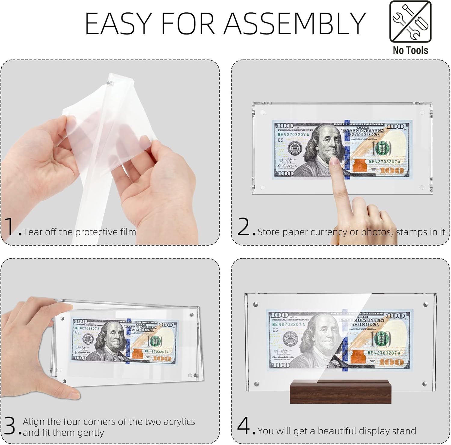 Soporte Acrílico Transparente Para Billetes Y Fotos, Con Base Y Doble Ventana, Magnético Y Elegante