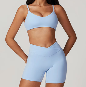 レディーススポーツウェア2ピースヨガセットハイV型ウエストランニングジムショーツ & ソフトスポーツブラ通気性ソリッドパターン - Product Image 5