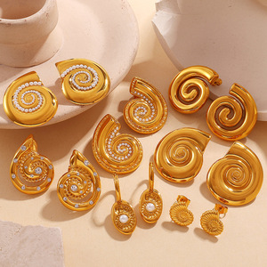 Spiral Imitation Pearl <b>Earrings</b> 18K Gold Plated Stainless Steel Studs For Women Fashion <b>Dangle</b> Jewelry - Product Image 1