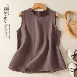 Women Sleeveless Top Black Ruffled Neck Cotton Linen Breathable Summer Vest - Product Image 5