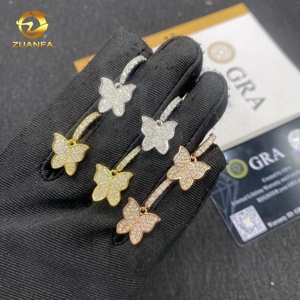 Boucles d'oreilles créoles tendance en argent 925, style hip-hop, serties de diamants et de moissanite VVS, motif papillon, pour <span class=keywords><strong>femme</strong></span>, en gros - Product Image 1