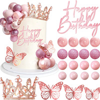 Set de Adornos para Pastel de Cumpleaños de Princesa con Corona, Mariposa y Globos, Decoración para Pastel de Feliz Cumpleaños para Fiesta de Niñas