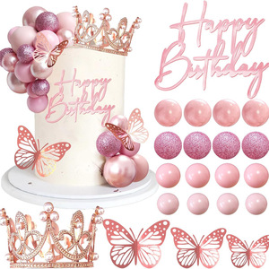 Ensemble de décorations de gâteau d'<span class=keywords><strong>anniversaire</strong></span> de princesse avec couronne, papillon et ballons, décoration de gâteau joyeux <span class=keywords><strong>anniversaire</strong></span> pour fête de filles - Product Image 1