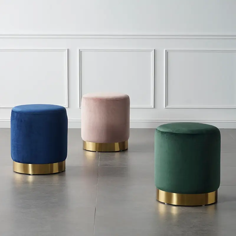 Modern Velvet Footstool Metal ring Round Ottoman Pouf