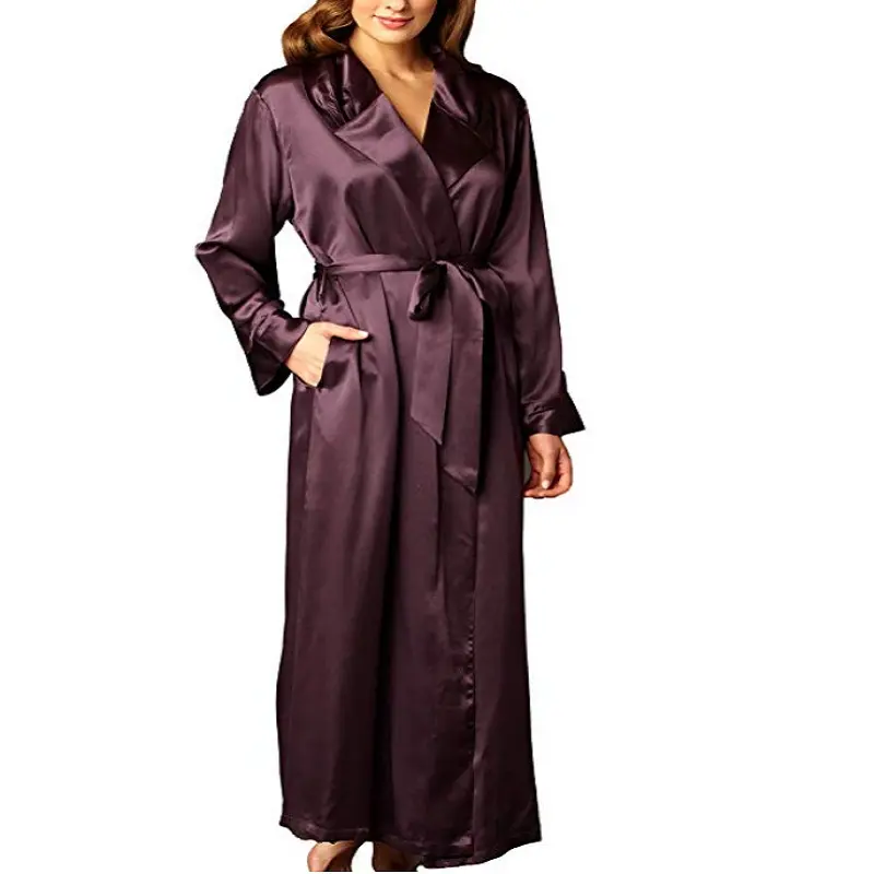 Bata de seda Mulberry de colores sólidos para mujer, vestido largo