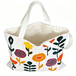 Sac fourre-tout esthétique à motif floral brodé pour femmes - Sac à bandoulière réutilisable en toile avec fermeture éclair pour le shopping, les voyages et le travail - Product Image 6