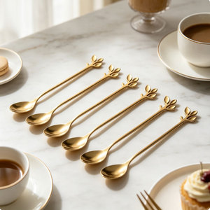 Paquete de 6 Cucharas de Café con Hoja de Oro y Mango Largo, Cucharas para Remover de Acero Inoxidable Pulido a Espejo, Aptas para Lavavajillas, para Té y Postres - Product Image 3