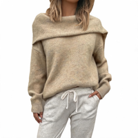 Pull en maille pour femme à épaules dénudées avec cape superposée, manches longues à revers côtelés et ourlet irrégulier, marque privée