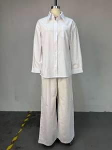 Women's White 2 Piece Set - Long Sleeve Button <b>Down</b> Shirt & Wide Leg <b>Pants</b> Outfit Womens Sets African Clothes Fashion - Product Image 3