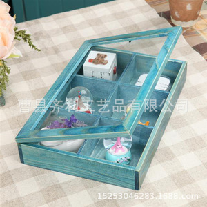 Caja de madera creativa de 6 compartimentos con tapa de vidrio para organizar y guardar joyas, 29 cm, fabricada en Shandong - Product Image 1