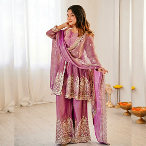 Salwar Kameez Rosa para Mujer, Bordado con Lentejuelas, Tradicional Indio-Pakistaní, para Graduación, Bodas y Fiestas, en Seda Fandy de Dos Tonos - Product Image 1