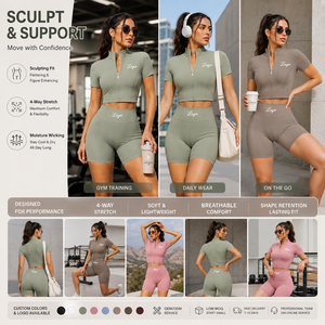 Ensemble <span class=keywords><strong>de</strong></span> <span class=keywords><strong>sport</strong></span> zippé à manches courtes pour <span class=keywords><strong>femme</strong></span> – Veste et short <span class=keywords><strong>de</strong></span> yoga personnalisés style streetwear – Survêtement - Product Image 3