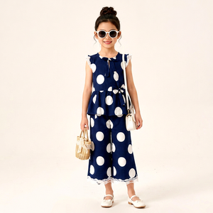 Conjuntos de Ropa de Verano para Niñas Pequeñas con Logotipo Personalizado, Blusa con Volantes de Puntos, Pantalones Anchos, 2 Piezas, Conjuntos de Boutique para Niños, Venta al por Mayor - Product Image 1