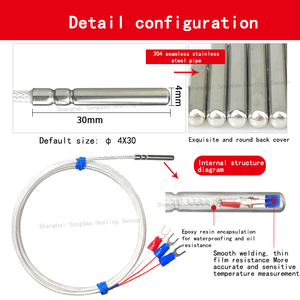 <span class=keywords><strong>4</strong></span>มม. * 30มม. เซนเซอร์ RTD PT100แบบยืดหยุ่นเซ็นเซอร์อุณหภูมิ PT1000สายเคเบิล PTFE PTFE เทอร์โมพลาสติก - Product Image 3