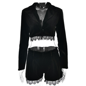 Ensemble deux pièces en velours pour femmes, haut court et short, couleur unie, manches longues, vêtements de nuit, nombril exposé, costume décontracté FDL1129 - Product Image 5